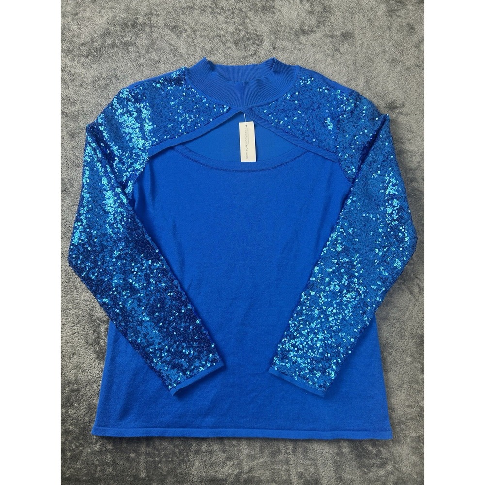 New York & Co Royal Blue Sequin Sleeve Top Mock Neck Cutout Blouse Knit Size L